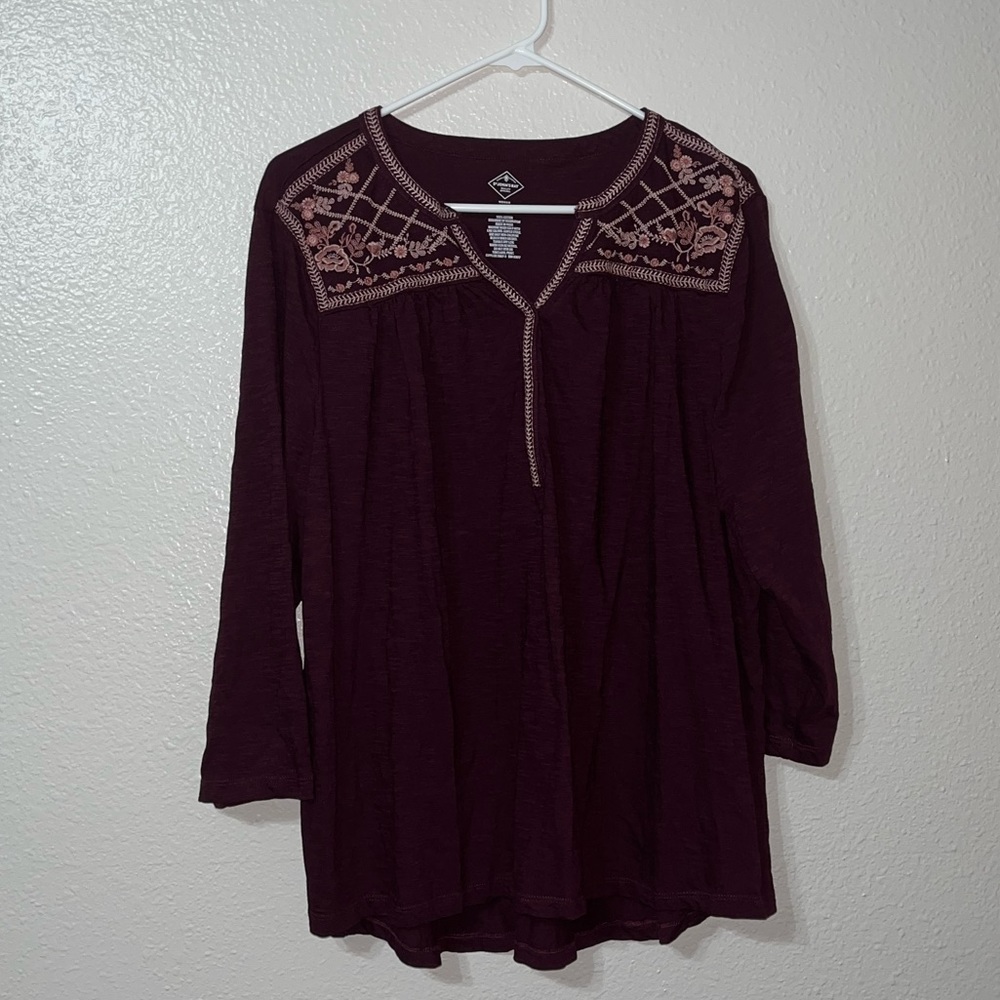 St. John’s Bay Maroon V-Neck Embroidered Blouse Size 0X